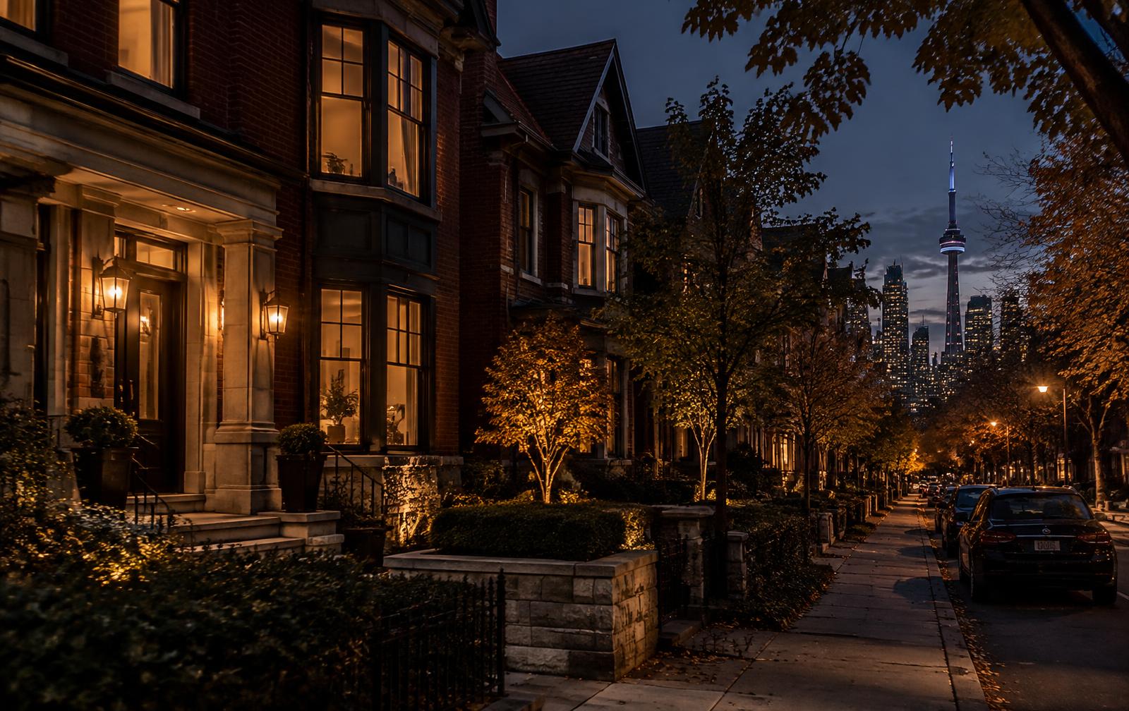 Toronto residential street at dusk with the city skyline behind